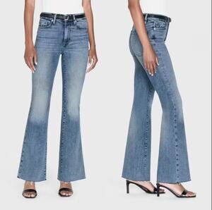 NWT Frame Le Easy Flare Raw Fray Hem Stretch High Rise Jeans Blue Size: 28